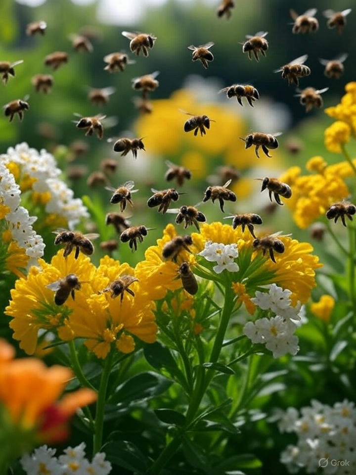 Bees swarming collecting pollen from plants